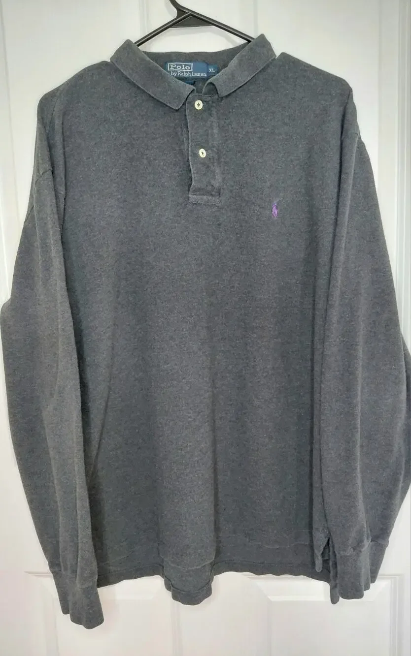Polo Ralph Lauren Mens XL Long Sleeve Polo Shirt Gray Purple Pony Vintage Preppy